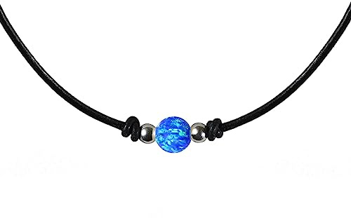 Edellis Hochwertiger runder Blauer Opal 8 mm mit Ziegenleder Damen-Kette und mit 925 Sterling Silber Kugeln und Verschluss