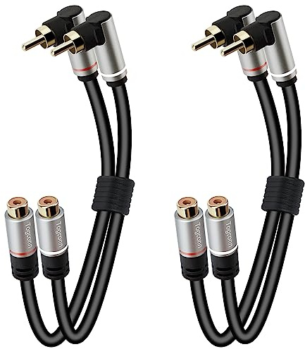 Togconn 2 RCA Extension Cable 1 Feet, 90 Degree Right Angle 2RCA Male to 2 RCA Female Stereo Audio Extender Cord Adapter, Hi-Fi Sound, Gold Plated Connectors, Oxygen-Free Copper OFC-2 Pack