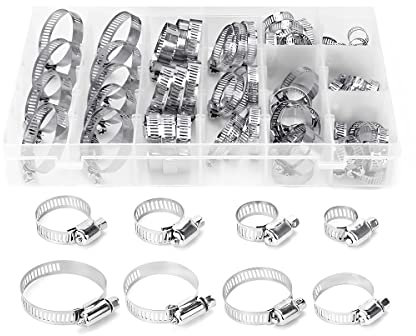 BELOMI Lot de 100 colliers de serrage en acier inoxydable - Assortiment de colliers de serrage à vis sans fin - Taille réglable - Pour tuyaux d'eau, plomberie, automobile et mécanique