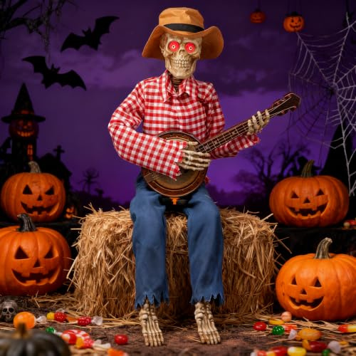Halloween-Skelett-Banjo-Spieler-Dekoration, animierter Totenkopf mit Sound aktiviert, leuchtende Augen, spielt musikalische Halloween-Party-Requisiten, Dekoration für drinnen und draußen