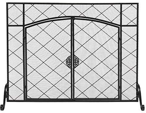 Parascintille Camino Parascintille for camino Linea sottile Rombo Decorazione a griglia piccola Porta doppia quadrata in ferro battuto Protezione per Stufa/Caminetti