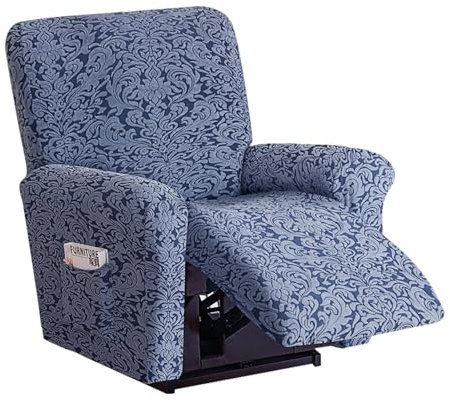 LIFEDX Sesselbezug Stretch Sessel Überzug Jacquard 4-Teilig, Relaxsessel Sessel Bezug Elastisch Sesselhusse mit Taschen, rutschfest Abnehmbar und Waschbar Sesselschone- Blue||1 Seater