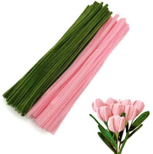 200 Stück Pfeifenreiniger Rosa und Grün Rohrreiniger Handwerk Pfeifenputzer zum Basteln, 30cm Pfeifenreiniger Blumen Pfeifenreiniger zum Basteln für DIY Handwerksprojekte