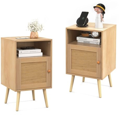 COSTWAY Nachttisch Rattan, Nachtschrank Holz, Beistelltisch mit offenem Regal & Tür, Sofatisch Landhausstil, ideal für Schlafzimmer und Wohnzimmer, 40 x 39 x 70cm (2)