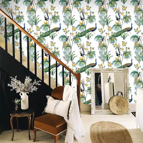 Selbstklebende Tapete Pfau Grün Gelb Strukturtapete Wandtattoo Schlafzimmer Tapete Selbstklebend Vliestapete Wallpaper for Living Room Tapeten Leicht zu Entfernen Wandschutzfolie 45x600cm