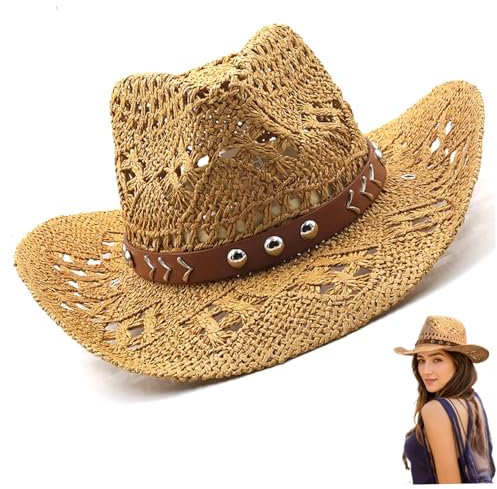Csafyrt Stroh Cowboy Hut Männer weiches Strohmänkel Fine Mesh atmungsaktiven Sonnenhut mit breiter Krempe UV-resistenter westlicher Cowboyhut für den Außengebrauch Khaki