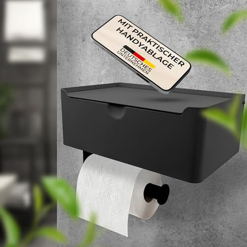 Toilettenpapierhalter ohne Bohren - Edelstahl Toilettenpapierhalter mit Feuchttücherbox - Selbstklebender Klopapierhalter ohne Bohren - Klorollenhalter mit Ablage - Toilettenpapierhalter schwarz matt