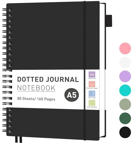 RETTACY Anteckningsbok A5-prickig, bullet journal, lätt collegeblock, 160 ark/80 sidor att skriva, 100 gsm, PVC-bok, för kvinnor och män arbete kontor, 14,8 x 21 cm – svart