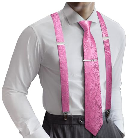 Barry.Wang Set di bretelle e cravatte da uomo tipo X, con fermacravatta e fermacravatta, motivo cachemire, formale, per matrimoni, feste di fine anno, rosa, Taglia unica