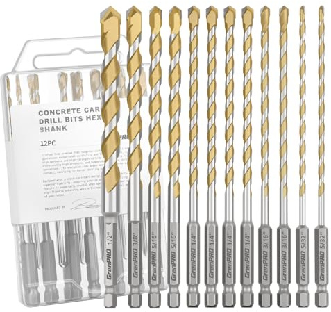 GRENPRO 12PCS Concrete Carbide Drill Bits，Hex Shank Masonry Drill Bit Set, 5/32-1/2 Tungsten Steel Bits for Concrete/Brick/Glass/Ceramic/Tile/Cement/Plastic Home DIY & Construction Projects
