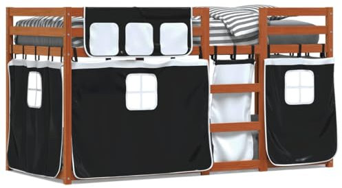 Juroupi Etagenbett mit Vorhängen Weiß Schwarz 90x200 cm Kinder Etagenbett Kinderbett Doppelbett Kinderhochbetten Bett Kiefernholz - 3283946