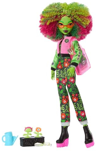 Monster High Fearbook Venus McFlytrap Doll and Accessories Set with Unearthed Club Theme including Varsity Jacket, Yearbook, and Gardening Tools