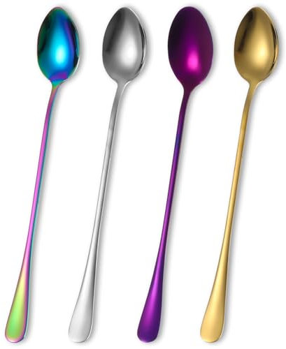 4 Stück Latte Macchiato Lange Löffel für Longdrink, Eisbecher, Cocktail Bar - Rührlöffel für Eiskaffee, Eistee, Milchshake