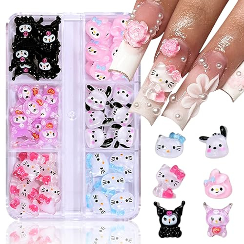 3D Cartoon Nageldekoration - 48 Pcs Kawaii Kitty Charms Nägel, Schleifenknoten-Nagelstecker-Strasssteine Nail Art Charms, Cartoon-Kätzchen Hund Kaninchen Nageldekorationen Aus Harz für DIY (Bunt B)