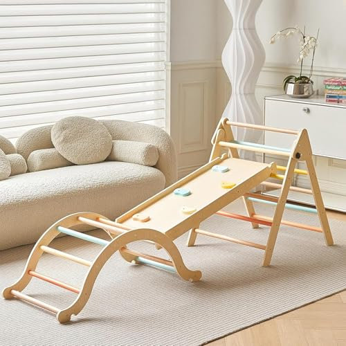 Giant bean 5-in-1 Montessori Kletterdreieck mit Kletterbogen und Rutsche, Holzdreieck für Kleinkinder ab 2-5, Indoor Kletterspielzeug, Bunt, M