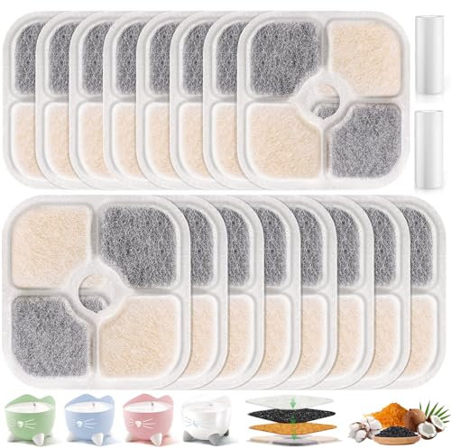 Zeawavsl 16 PCS Filtre Fontaine Eau Chat, avec 2 Tuyaux pour Catit Pixi, Système de Filtre Triple en RéSine avec Carbone Activé