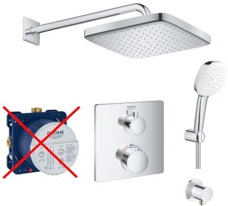 Grohe Duschsystem mit Unterputz Duscharmatur von Grohe Regendusche mit Armatur, Duschkopf eckig, Wandarm Dusch-SET GK03-ob poliert
