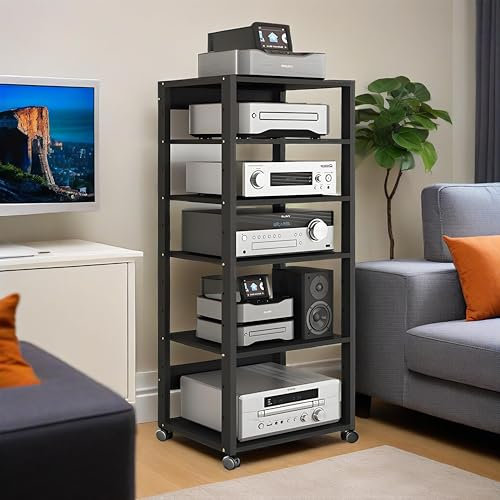 cendbirut 6-stufiger AV-Medienständer mit Rädern, stilvoller Eckvitrine für Unterhaltung, verstellbares Audio-Video-Regal, Audio-Rack aus Metall, für Plattenspieler, DVD, TV-Box,Schwarz