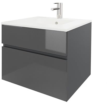 wohnartig® Stella Waschtischunterschrank – Hängend | Anthrazit | Anthrazit Hochglanz | 50,5 × 39,3 × 50 cm | Moderner Waschbeckenunterschrank mit Keramikwaschbecken | Waschbecken mit Unterschrank