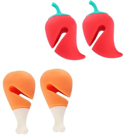 JECOMPRIS Pot Lid Lifter and Overflow Preventing Gadget, Silicone Kitchen Lid Holder Steam Release, 4pcs Cartoon Set (Chili Pepper Chicken Drumstick), Splash-Proof Pan Pot Protectors for Cooking