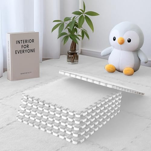 Ineinandergreifende Plüsch-Schaumstoffmatte, Wohnzimmer-Schlafzimmer-Teppichfliesen, 12 Stück Weiß Zusammensteckbare Schaumstoff-Bodenfliesen Für Spielz (30cm*30cm*1.25cm)