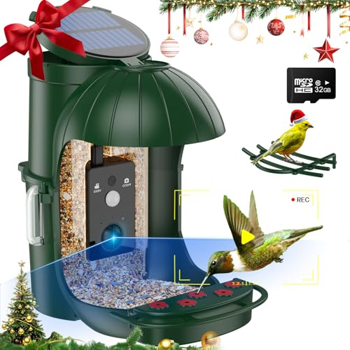 Comedero Pajaros Camara, Comedero Pajaros Exterior con Solar, Alimentación Colgante para Pájaros Silvestres - Panel Solar y Batería Alimentación | Grabación automática de Fotos/vídeos (Verde)