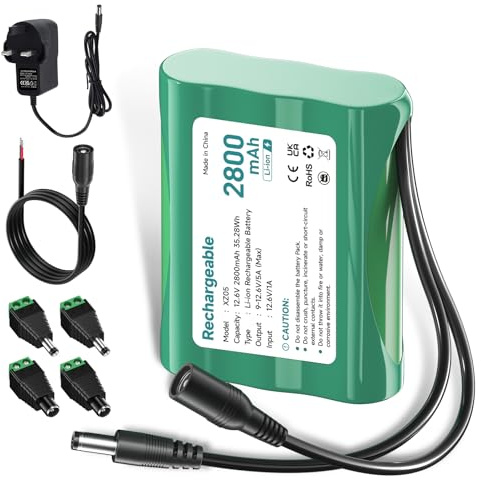 Mspalocell 12V Battery DAB Radio 12.6V 2800mAh Lithium Battery with Charger & Plug Adapter & Connection Line, for Soundboks, Headlight Taillight, Bicycle Lighting, Stage Piano, Sonar