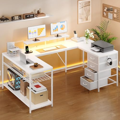 YITAHOME 158cm Bureau d'angle avec tiroirs Prises LED Reversible Blanc