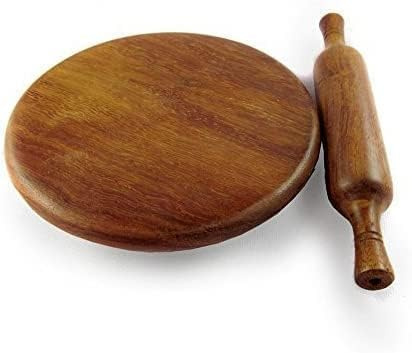 Wooden Serving Board, Round Chapati Chakla, Perfect for Making Chappati at Home, Wooden Roti/Chapati Maker, Wood Rolling Board and Rolling Pin Set (Chakla Belan) (9 inch)