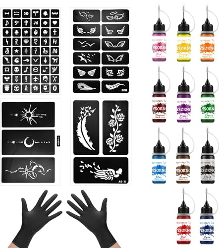 Henna tatueringsset, 11 färger bläck inklusive 72 stenciler med handskar och tillbehör för kvinnor, män, målning partygåvor, gör-det-själv-konst, tillfällig tatuering för gör-det-själv tillfälliga