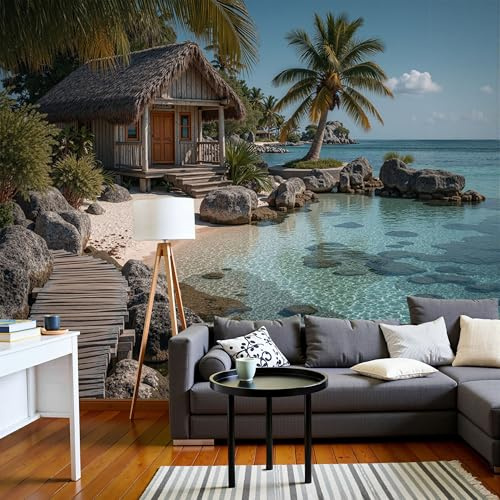 Fotomurale da Parete Sfondo Murale Vacanza Al Mare, Carta da Parati Fotografica Cabina Sulla Spiaggia 250Lx175A cm, Moderne Decorazione Soggiorno Camera de Letto Sala Ufficio