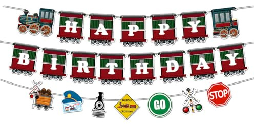TENNYCHAOR Vintage Train Birthday Party Banner Decorations, Railroad Steam Train Happy Birthday Sign, Transportation Vehicle Party Garland, Train Theme Baby Shower Supplies.