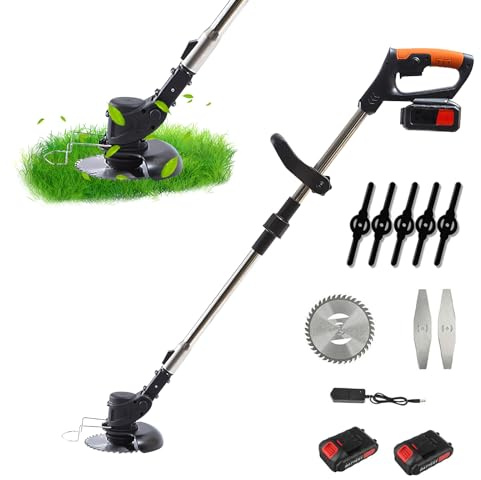 Desbrozadora eléctrica con batería de 1300 mAh, 21 V, corte con borde inalámbrico, 2 cuchillas de metal y 5 cuchillas de plástico, desbrozadora eléctrica para jardín, césped y deshierbe (2 baterías)