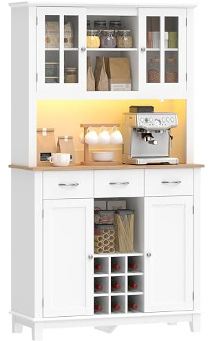 HOMCOM Alacena de Cocina con Iluminación LED Control por App, Armario Cocina Alta con Encimera para Microondas, Botellero, Puertas de Vidrio, Estantes Abiertos, 3 Cajones, Estantes Ajustables, Blanco