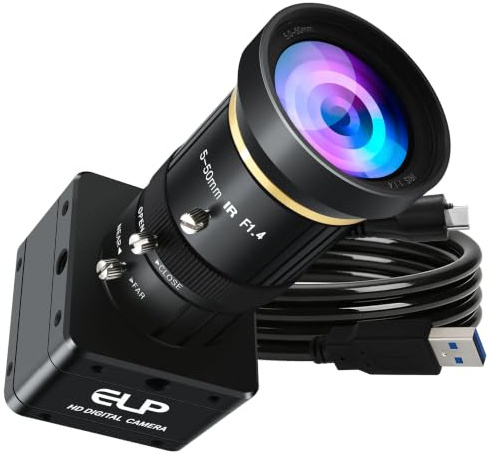 ELP 5MP 60FPS Global Shutter USB3.0 Camera Manual Zoom Webcam for Computer UVC USB3.0/2.0 CS Mount PC Camera High Speed Lightburn Cameras Varifocal Webcamera 5-50mm 10X Zoom Close-up Cam for Laptop