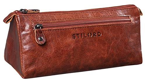 STILORD Alexis Vintage Leder Etui Stiftemappe mit 2 Fächern und Reißverschluss Federtasche Federmäppchen Schlampermäppchen Echtes Leder Farbe:Espresso - braun