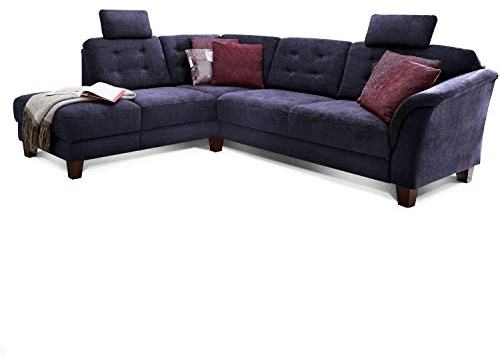 CAVADORE Ecksofa Trond mit Ottomane Links/Federkern-Sofa im Landhausstil mit 2 Kopfstützen und Vorziehsitz mit Bettkasten / 260 x 89 x 214 / Webstoff dunkelblau