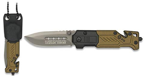 K25-19652 Navaja K25 Coyote con Funda kydex. 5.5 Herramienta para Caza, Pesca, Camping, Outdoor, Supervivencia y Bushcraft + Portabotellas de regalo