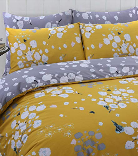 LinenZone - 100% Cotton Reversible Printed Duvet Cover Set - Carefree (Blossom Mustard, Double)