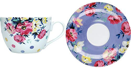 MIKASA Clovelly Tea Cup and Saucer Set with Floral Design in Gift Box, Porcelain, Multi Colour, 2 Pieces