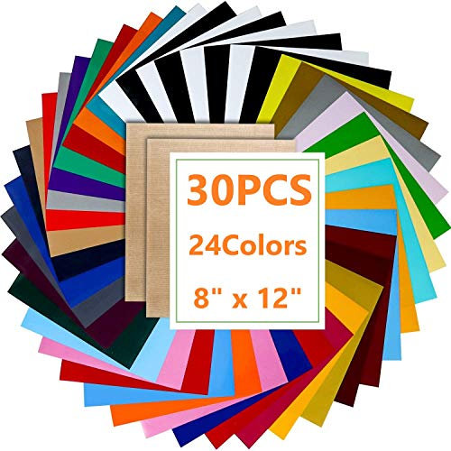 KAHEIGN 30Pcs Wärmetransferfolie Vinyl Transferpapier Plotterfolie, 24 Farben HTV Vinylfolien Glitzer Permanent Klebend zum Aufbügeln auf Vinylrückseite für DIY T-Shirts Mütze Kleidung