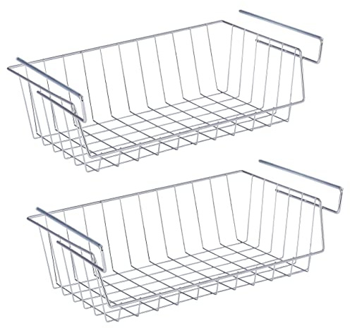WENKO Regaleinhängekorb, 2er Set Aufbewahrungskorb für mehr Stauraum an einem Regal- oder Schrankboden einhängen, Aufbewahrung & Organisation, 44 x 15 x 27 cm, verchromtes Metall, Silber glänzend