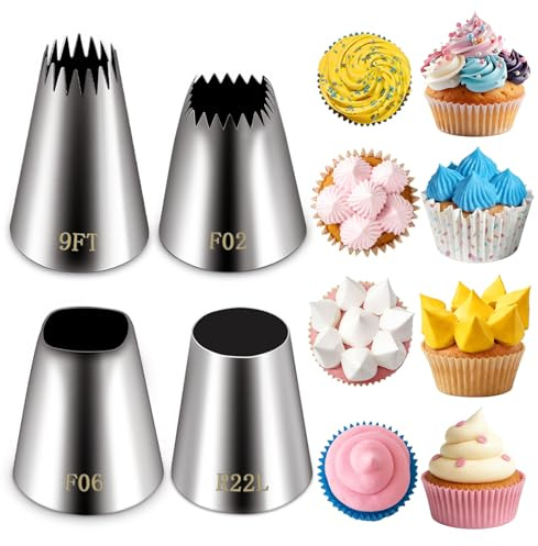 Suuker extra large piping tips set (F02 F06 9FT R22L), stainless steel round piping tip,large star square wide jumbo piping tips,eclair churro meringue for cake cupcake cookie decorating