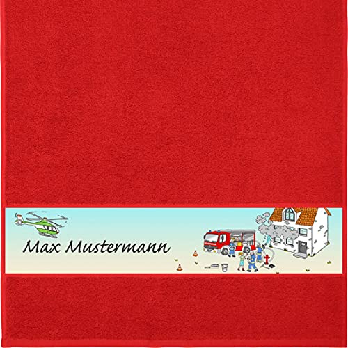 Manutextur Handtuch Mit Namen - Personalisiert - Feuerwehr Motiv - Viele Farben - Dusch-Handtuch - Rot - 50x100 cm - Persönliches Geschenk Mit Wunsch-Name