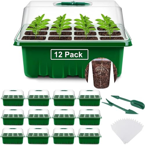 YAUNGEL Vassoio Germinazione, 12 Pack 144 Celle Set di Propagazione dei Semi, Vassoi per Piante con Ventilate/Finestra Regolabile per Germinazione, Strumento di Coltivazione in Mini Serra, Verde