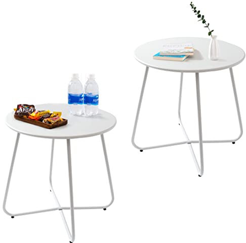 CODIN 2er Set Outdoor Beistelltisch Outdoor, Metall Beistelltisch Klein Runder Beistelltisch Wetterbeständig Beistelltisch Terrassentisch für Garten Veranda Balkon Hof Rasen (2, Weiß)