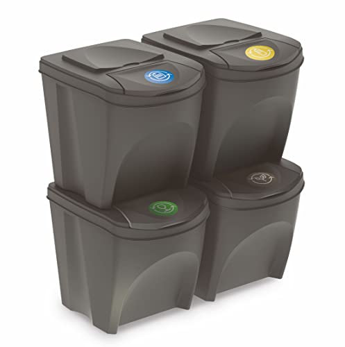 Archivador de basura con tapa, 25 L, juego de 4 unidades, color gris piedra, sistema de separación apilable, separador de residuos, separador de residuos Sytem, apilable con solapa