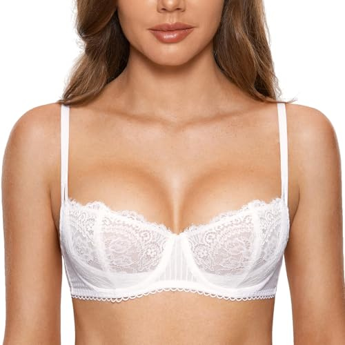 DOBREVA Women's Lace Balconette Bra Half Cup Non Padded Push Up Underwire Sheer Bras White 34E