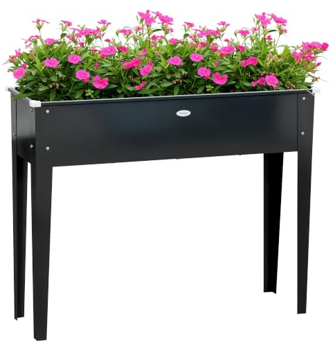 Outsunny Jardinière sur Pieds Trou de Drainage 100x30x80cm Acier Noir | Carré Potager, Acier Galvanisé
