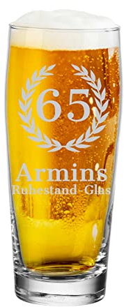 LUXENTU Bierglas mit individueller Gravur, Willi Becher mit 0,5 Liter Eichung und Lorbeerkranz, Helles-Glas als Geschenk zum Jubiläum/Geburtstag, Name & Zahl personalisierbar, Spülmaschinengeeignet